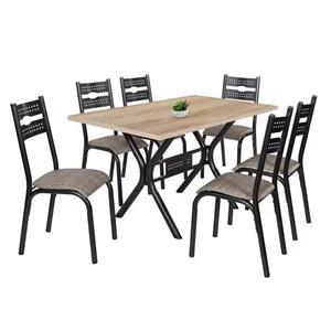 CONJUNTO DE MESA CIPLAFE LUNA 6 CADEIRAS CRAQUEADO PRETO/JUNCO MADEIRA